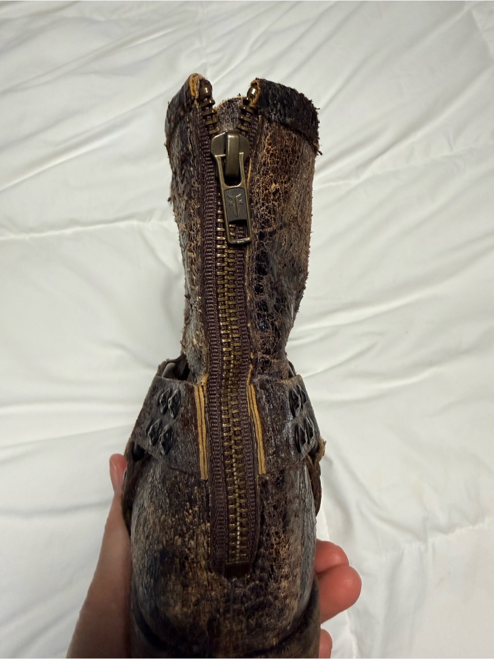 Frye Philip Moto Studded Distressed Brown Leather Ankle Boots - Picture 7 of 16